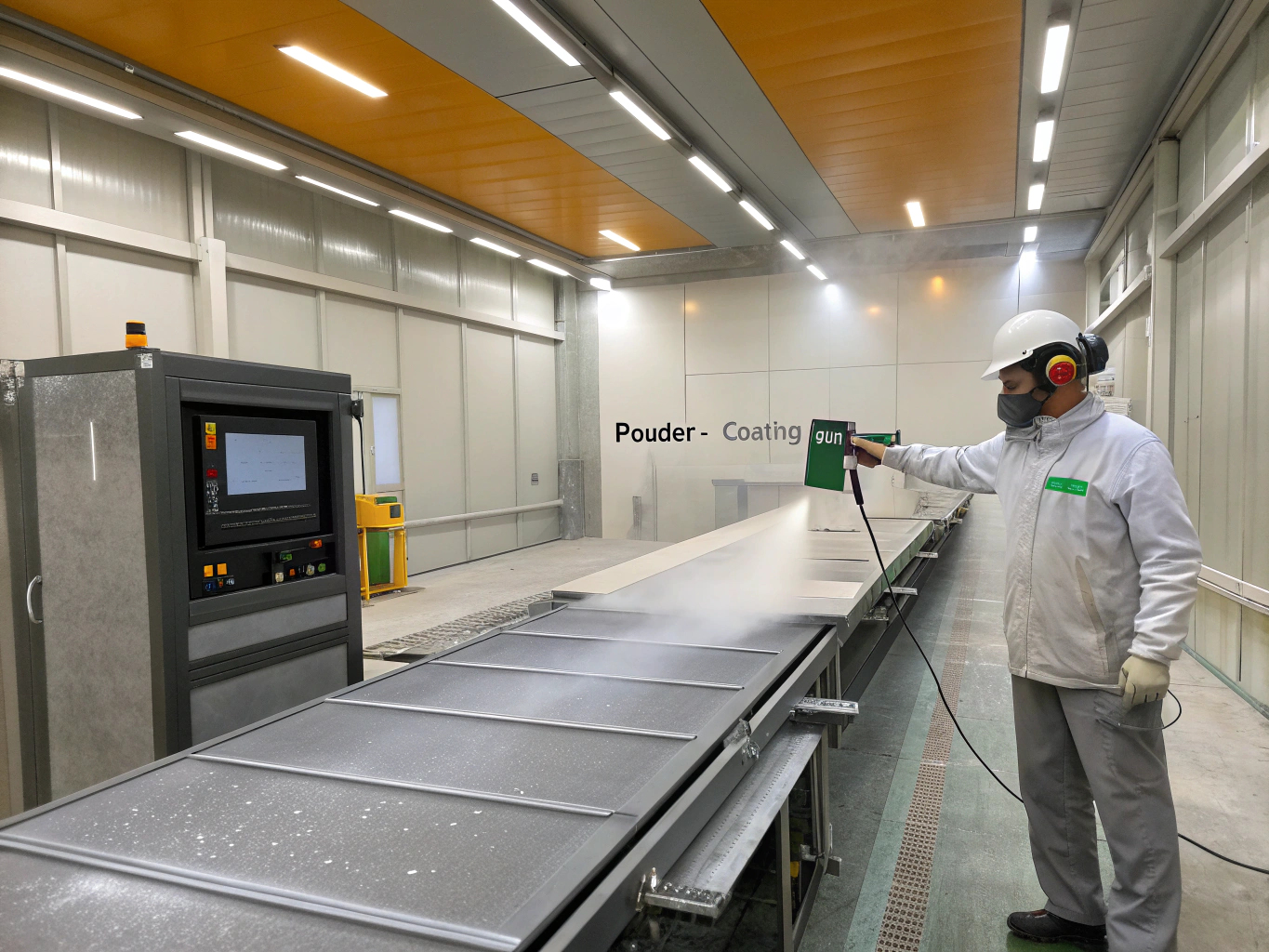 Automated electrostatic powder coating line applying corrosion-proof layer on canopy